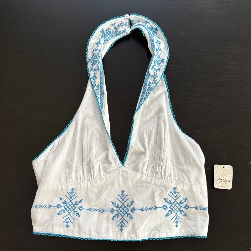 Free People Hello Lover Embroidery Halter White & Blue Cotton Top Size L -‎ NEW